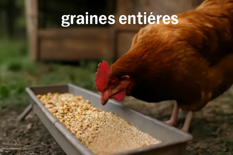 poule qui picore des graines entières ou concassées poules dans une mangeoire