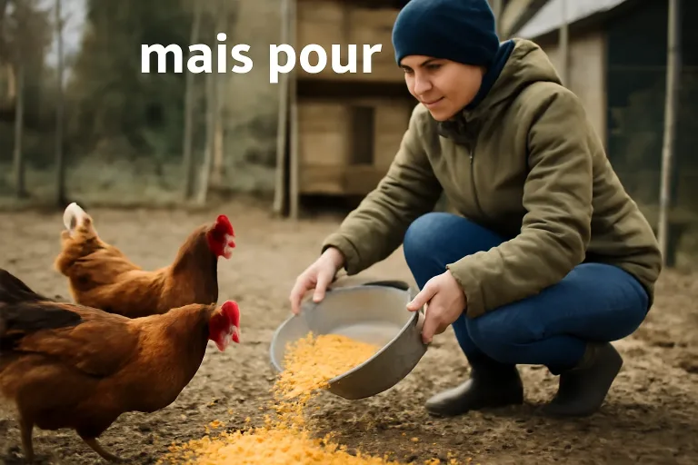 maïs pour les poules distribué au sol dans un poulailler en hiver
