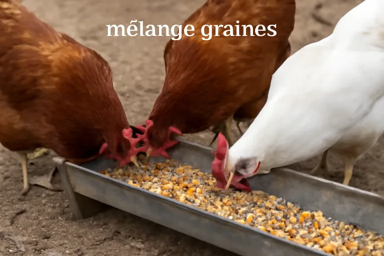Poules pondeuses picorant un mélange graines ou aliment complet dans une mangeoire