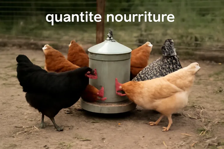 Poules autour d’une mangeoire illustrant la quantité nourriture pour 6 poules